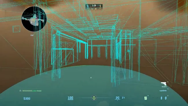 CS2 FACEIT wireframe wallhack showing map geometry on competitive map
